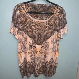 Style&Co. XL Fall Hues Design Bohemian Reglan Short Sleeve Round Neck Tunic Top